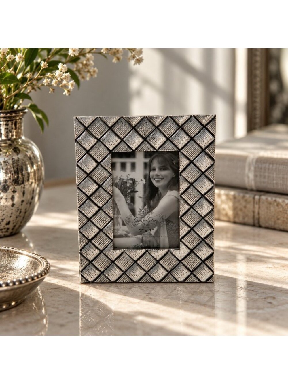 Vintage Green Tree Gallery Small Metal Silvertone Photo Picture Frame Tabletop